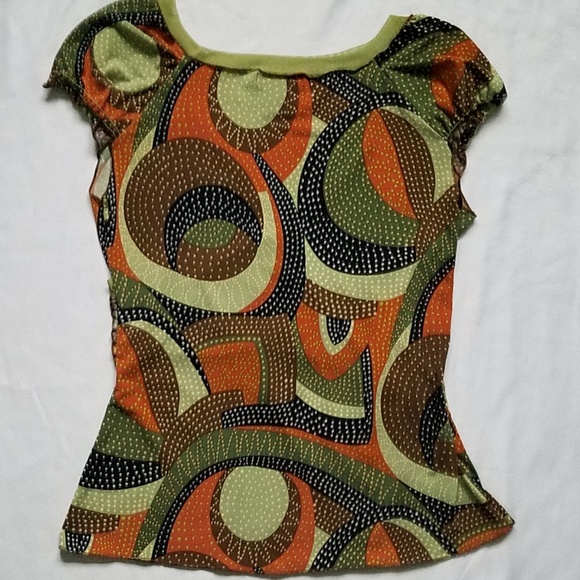 BCBGMaxAzria Brown Green Orange Wrap V-Neck Shirt - Picture 5 of 6